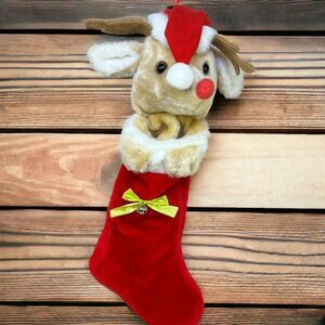 VTG Christmas Stocking Rudolph Plush 19” Red-Nosed Reindeer w/Santa Hat & Bell